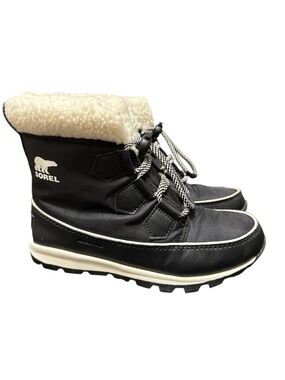 Sorel Black & Cream Sherpa-Cuff Kids Winter Boots